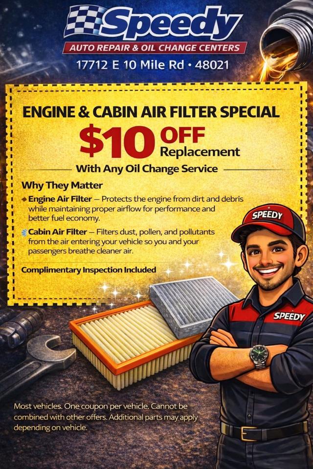 Speedy Auto engine and cabin air filter special — $10 off with any oil change